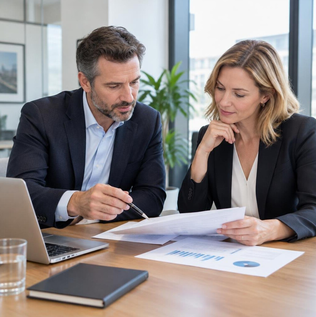 Two executives discussing documents at a table