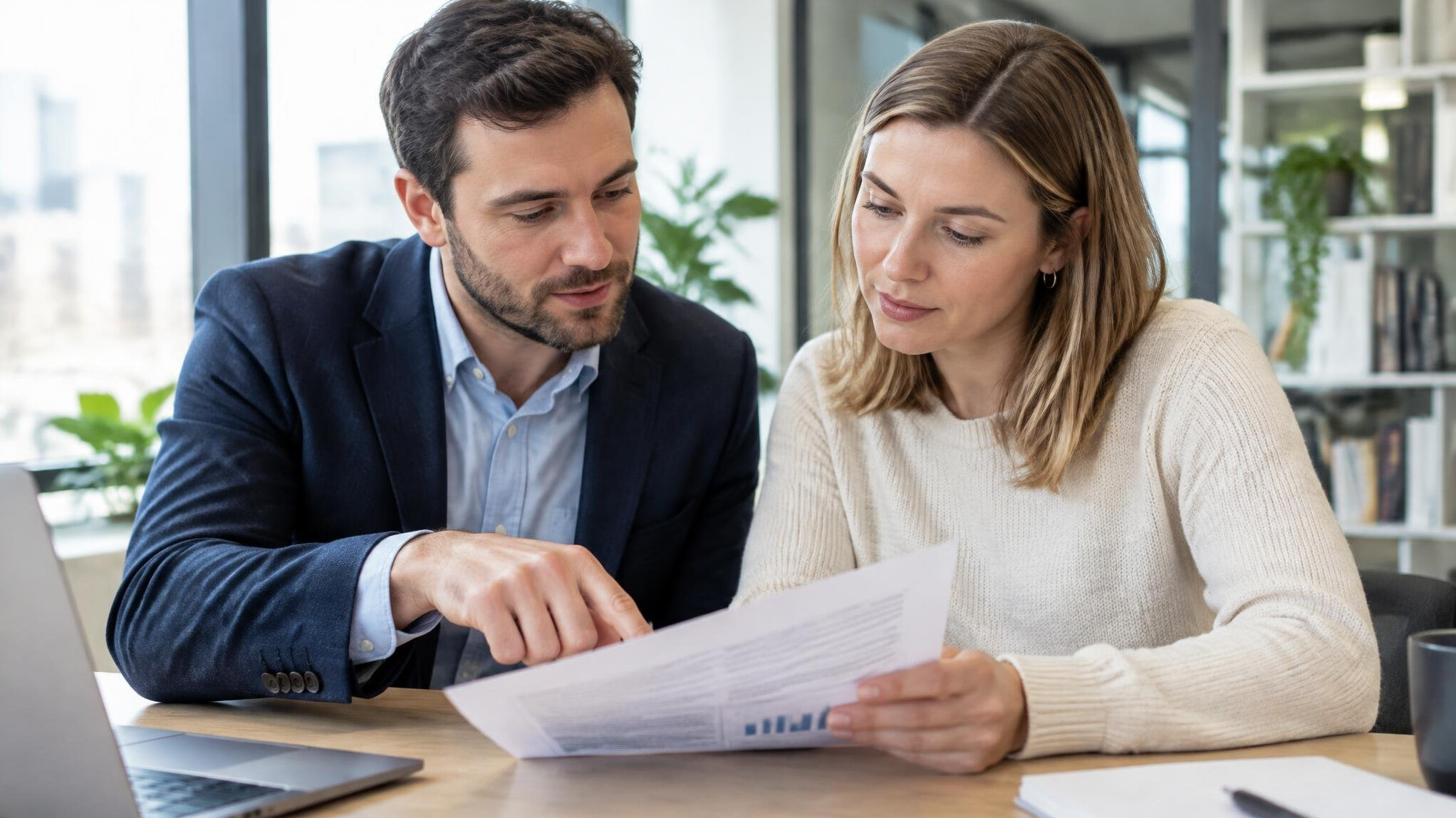 Two colleagues reviewing a report together